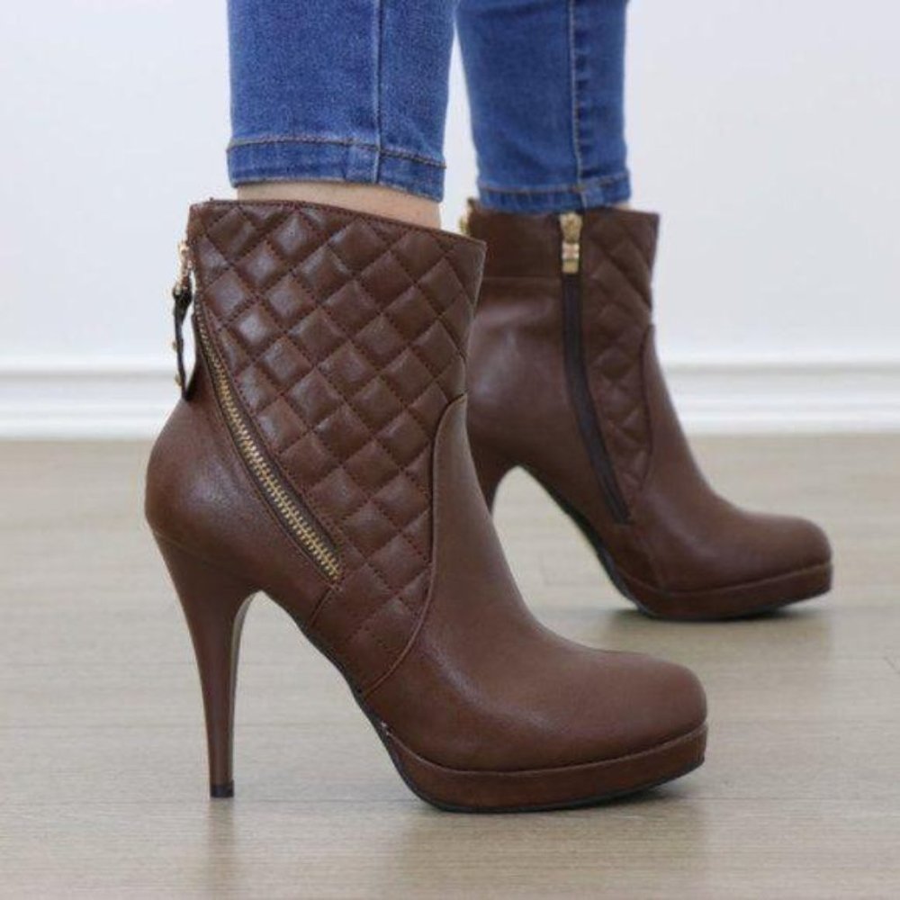 Brown Quilted Platform High Heel Ankle Boots